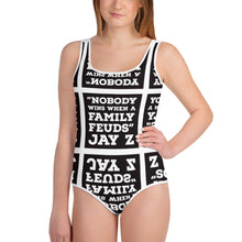 Load image into Gallery viewer, NOBODY WINS BLACK All-Over Print Youth Swimsuit