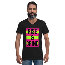 Load image into Gallery viewer, RISE & GRIND Unisex Short Sleeve V-Neck T-Shirt