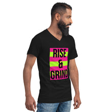 Load image into Gallery viewer, RISE & GRIND Unisex Short Sleeve V-Neck T-Shirt