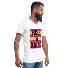 Load image into Gallery viewer, RISE & GRIND Unisex Short Sleeve V-Neck T-Shirt