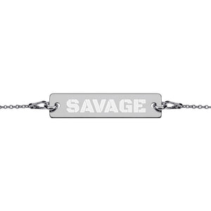 SAVAGE Engraved Silver Bar Chain Bracelet