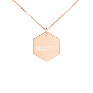 HAPPY Engraved Silver Hexagon Necklace