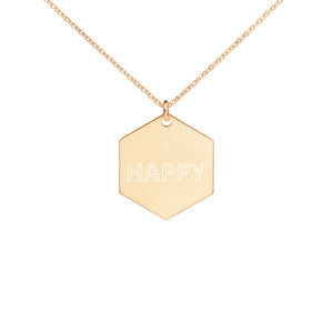 HAPPY Engraved Silver Hexagon Necklace