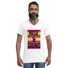 Load image into Gallery viewer, RISE &amp; GRIND Unisex Short Sleeve V-Neck T-Shirt
